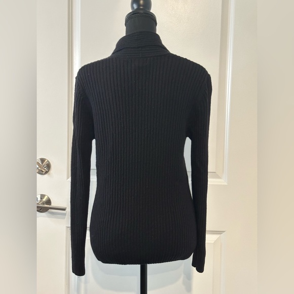 LL Bean Womens Large Cardigan 100% Merino Wool Sweater Collar Shawl Black Pocket - Picture 3 of 10